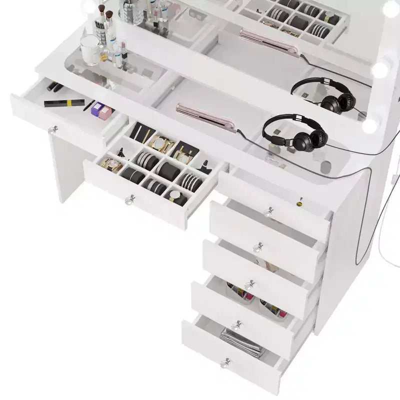 Coiffeuse Maquillage Lumineuse Boahaus Tatiana avec 7 Tiroirs, Prises de Courant et Ports USB