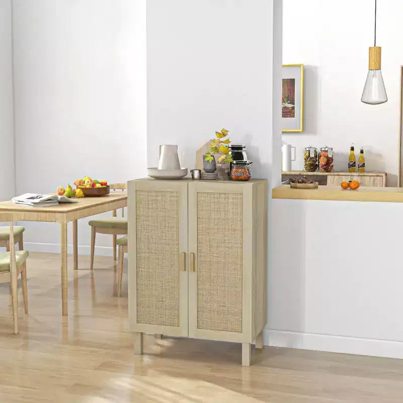 HOMCOM Meuble de Rangement, Buffet avec Portes en Rotin et Étagères Réglables pour Salon, Naturel