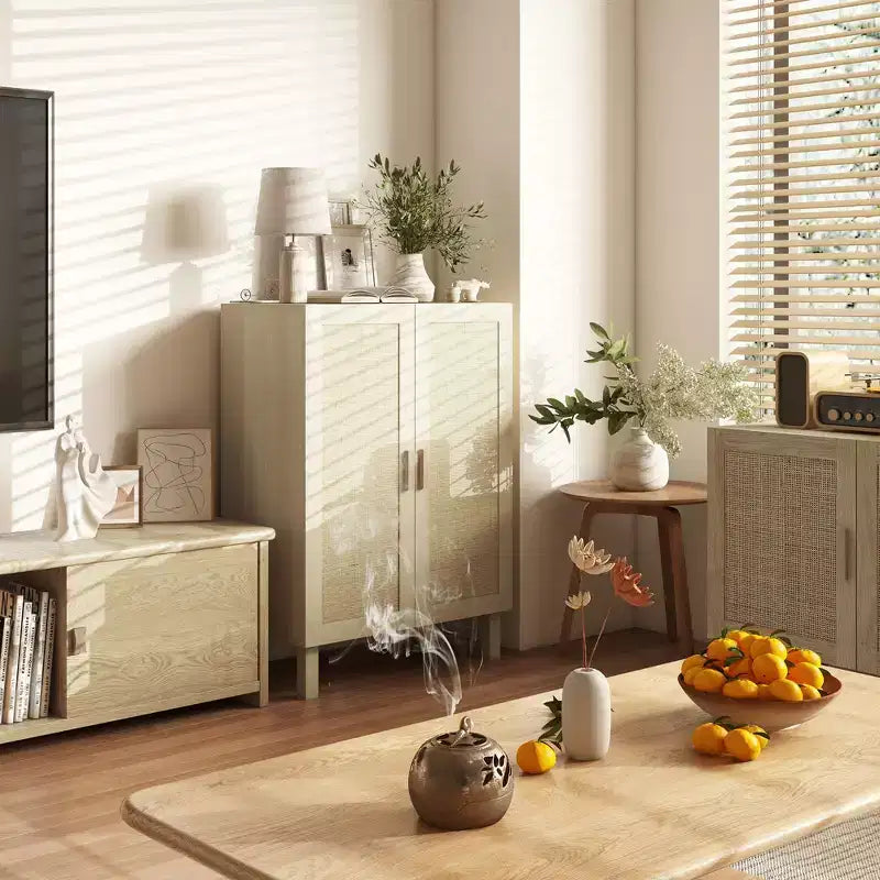 HOMCOM Meuble de Rangement, Buffet avec Portes en Rotin et Étagères Réglables pour Salon, Naturel