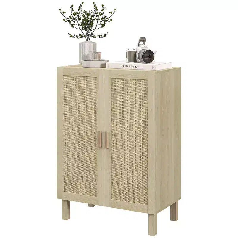 HOMCOM Meuble de Rangement, Buffet avec Portes en Rotin et Étagères Réglables pour Salon, Naturel