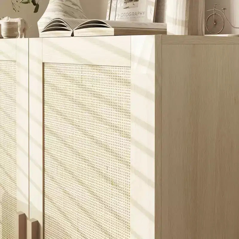 HOMCOM Meuble de Rangement, Buffet avec Portes en Rotin et Étagères Réglables pour Salon, Naturel