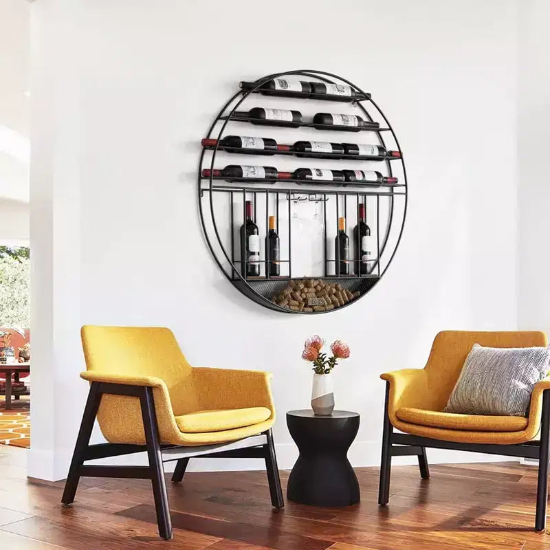 Présentoir à vin mural rond en métal noir style vintage, de Vintiquewise