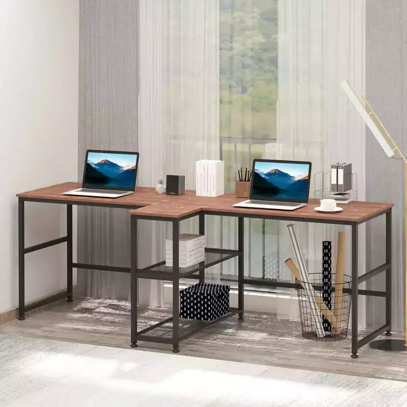 HOMCOM Bureau d'ordinateur double 83 avec 2 étagères de rangement, poste de travail double avec étagère à livres, longue table de bureau pour le bureau à domicile