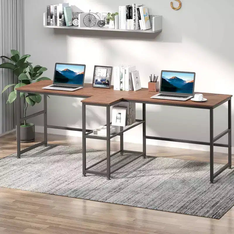 HOMCOM Bureau d'ordinateur double 83 avec 2 étagères de rangement, poste de travail double avec étagère à livres, longue table de bureau pour le bureau à domicile