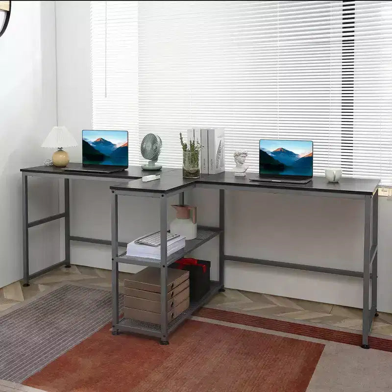 HOMCOM Bureau d'ordinateur double 83 avec 2 étagères de rangement, poste de travail double avec étagère à livres, longue table de bureau pour le bureau à domicile