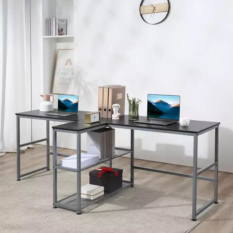 HOMCOM Bureau d'ordinateur double 83 avec 2 étagères de rangement, poste de travail double avec étagère à livres, longue table de bureau pour le bureau à domicile