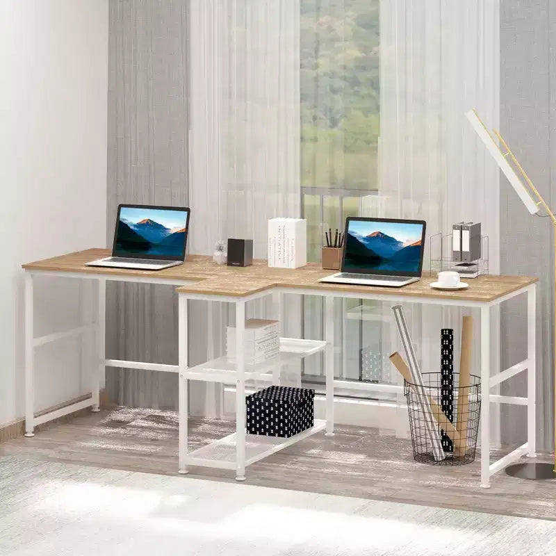 HOMCOM Bureau d'ordinateur double 83 avec 2 étagères de rangement, poste de travail double avec étagère à livres, longue table de bureau pour le bureau à domicile
