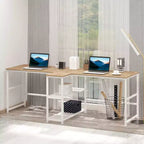 HOMCOM Bureau d'ordinateur double 83 avec 2 étagères de rangement, poste de travail double avec étagère à livres, longue table de bureau pour le bureau à domicile