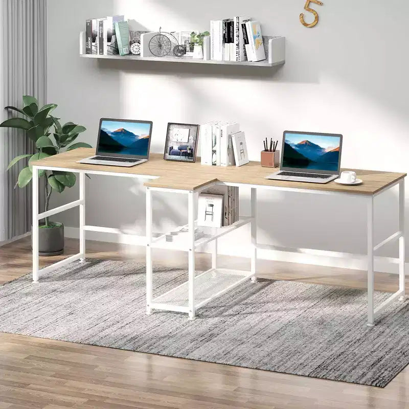 HOMCOM Bureau d'ordinateur double 83 avec 2 étagères de rangement, poste de travail double avec étagère à livres, longue table de bureau pour le bureau à domicile