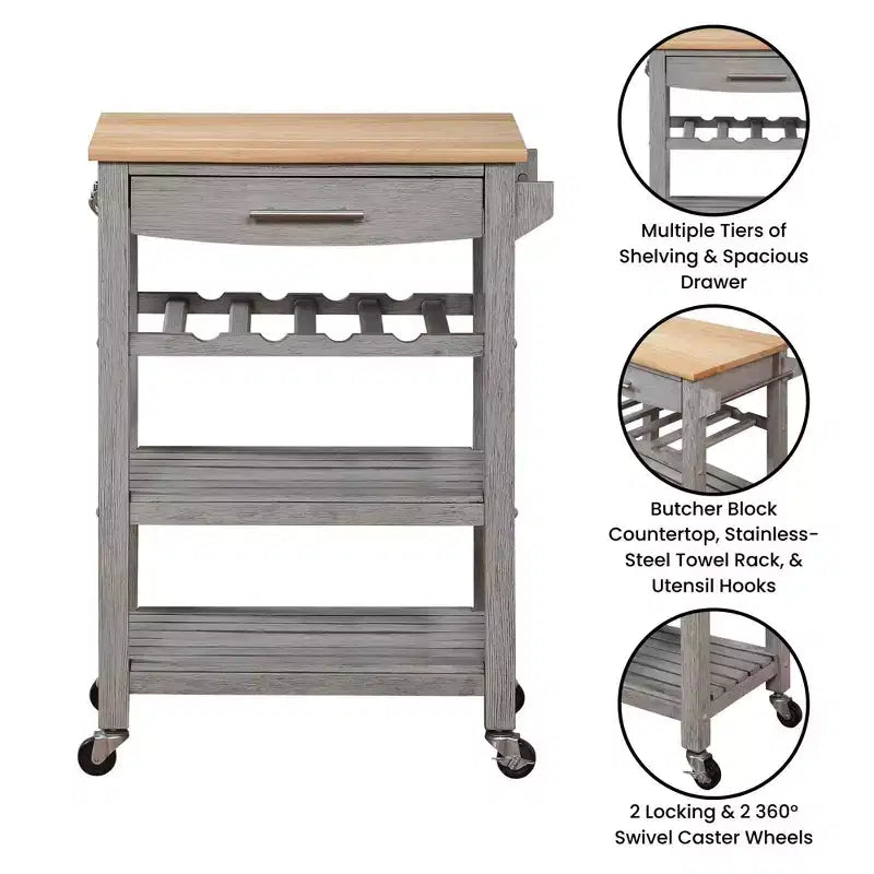 Dessert de cuisine Ellaine à 4 niveaux avec bloc de boucher, tiroir et casier à vin - Breighton Home