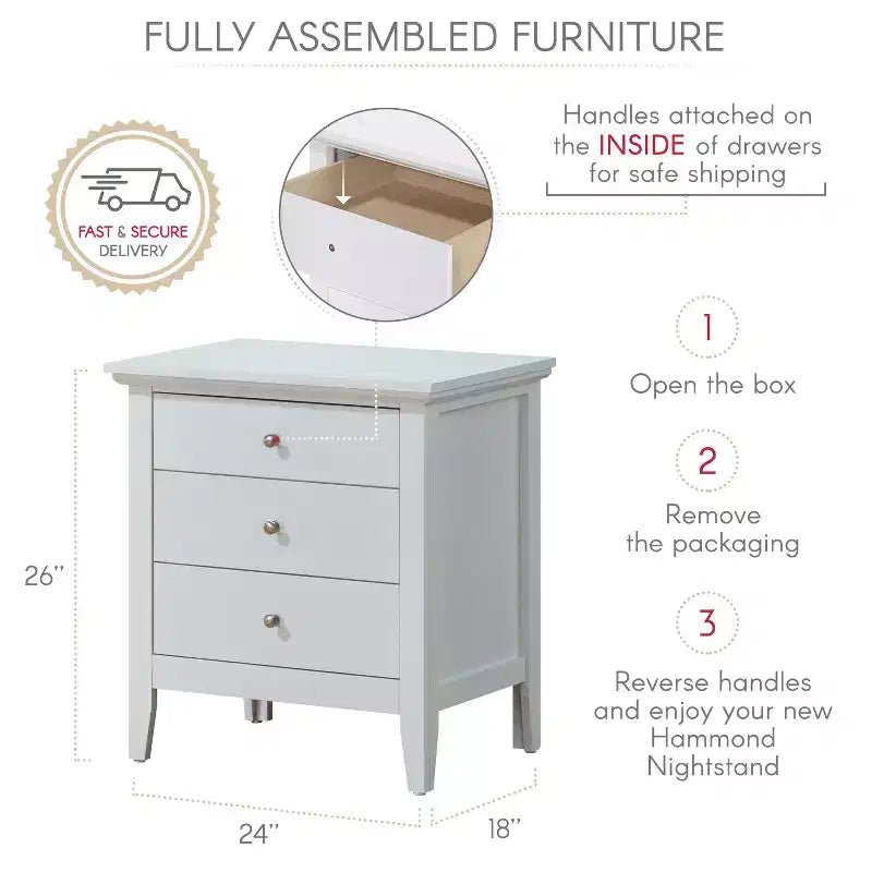 Table de chevet blanche à 3 tiroirs Hammond Passion Furniture (26 po H x 24 po L x 18 po P)