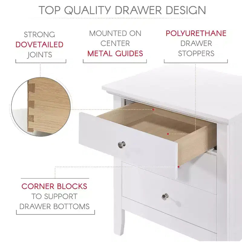 Table de chevet blanche à 3 tiroirs Hammond Passion Furniture (26 po H x 24 po L x 18 po P)