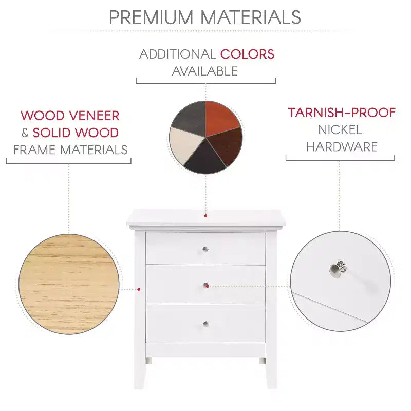 Table de chevet blanche à 3 tiroirs Hammond Passion Furniture (26 po H x 24 po L x 18 po P)