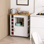 Meuble Îlot de Cuisine Costway avec Rangement Desserte de Cuisine Roulante avec Porte-Serviettes Chariot de Rangement sur Roues avec Dessus en Bambou Casier à Vin 6 Bouteilles Étagère à Épices Blanc