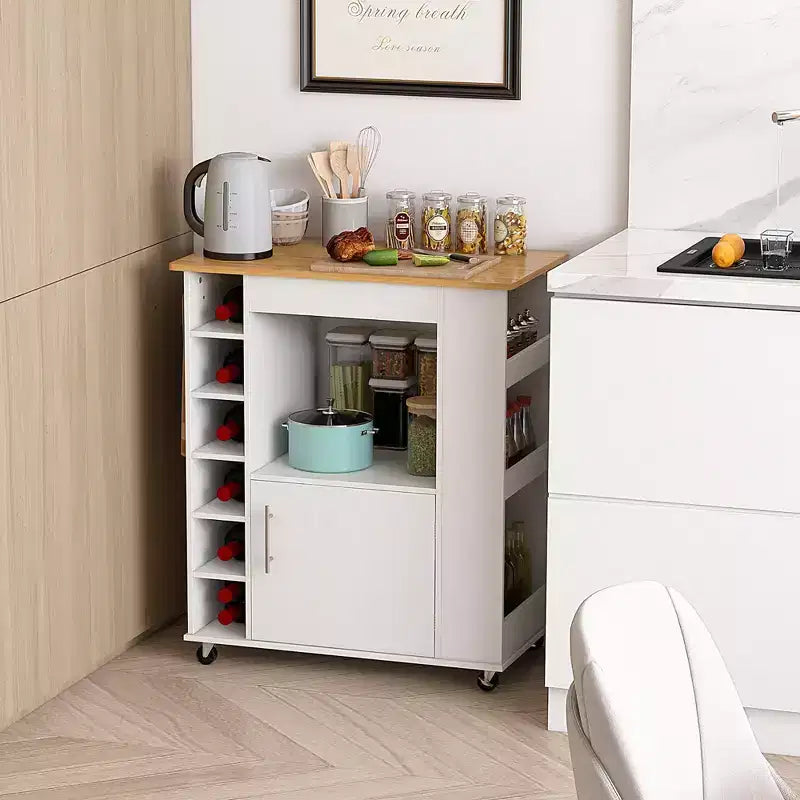 Meuble Îlot de Cuisine Costway avec Rangement Desserte de Cuisine Roulante avec Porte-Serviettes Chariot de Rangement sur Roues avec Dessus en Bambou Casier à Vin 6 Bouteilles Étagère à Épices Blanc
