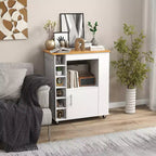 Meuble Îlot de Cuisine Costway avec Rangement Desserte de Cuisine Roulante avec Porte-Serviettes Chariot de Rangement sur Roues avec Dessus en Bambou Casier à Vin 6 Bouteilles Étagère à Épices Blanc