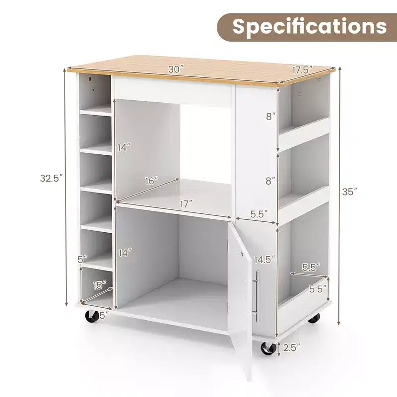 Meuble Îlot de Cuisine Costway avec Rangement Desserte de Cuisine Roulante avec Porte-Serviettes Chariot de Rangement sur Roues avec Dessus en Bambou Casier à Vin 6 Bouteilles Étagère à Épices Blanc