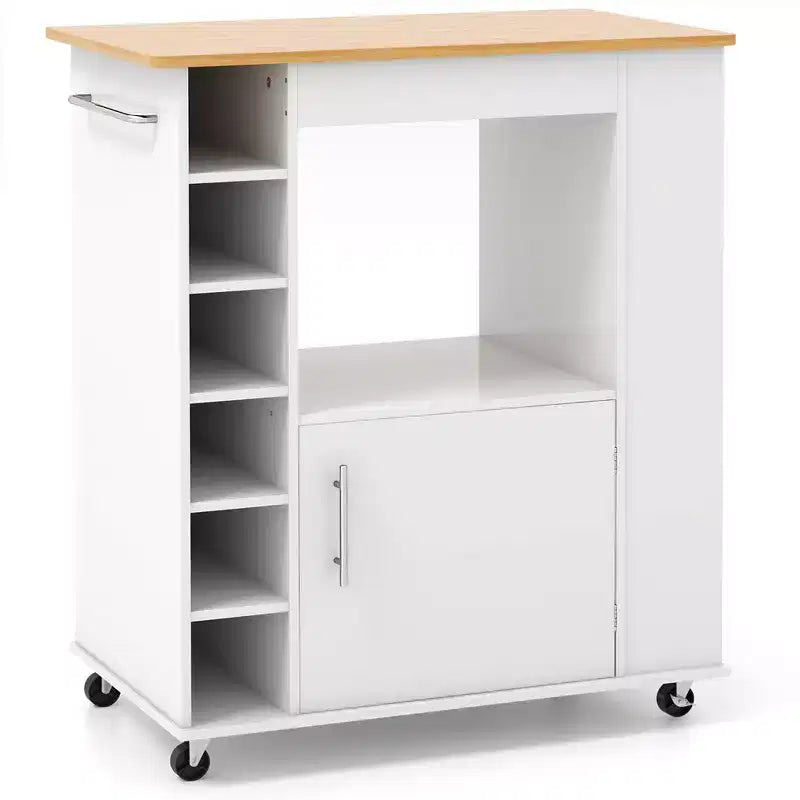 Meuble Îlot de Cuisine Costway avec Rangement Desserte de Cuisine Roulante avec Porte-Serviettes Chariot de Rangement sur Roues avec Dessus en Bambou Casier à Vin 6 Bouteilles Étagère à Épices Blanc