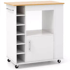Meuble Îlot de Cuisine Costway avec Rangement Desserte de Cuisine Roulante avec Porte-Serviettes Chariot de Rangement sur Roues avec Dessus en Bambou Casier à Vin 6 Bouteilles Étagère à Épices Blanc