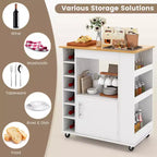 Meuble Îlot de Cuisine Costway avec Rangement Desserte de Cuisine Roulante avec Porte-Serviettes Chariot de Rangement sur Roues avec Dessus en Bambou Casier à Vin 6 Bouteilles Étagère à Épices Blanc