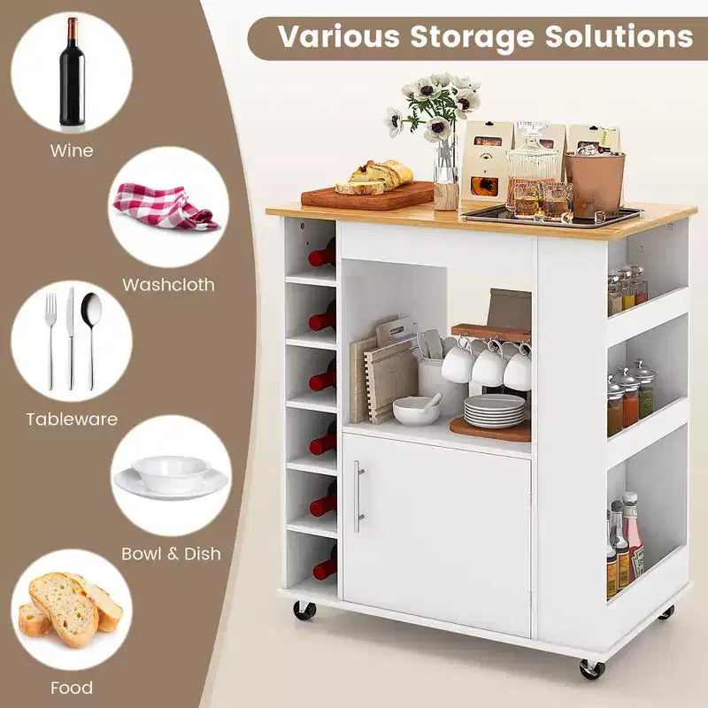 Meuble Îlot de Cuisine Costway avec Rangement Desserte de Cuisine Roulante avec Porte-Serviettes Chariot de Rangement sur Roues avec Dessus en Bambou Casier à Vin 6 Bouteilles Étagère à Épices Blanc