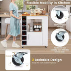 Meuble Îlot de Cuisine Costway avec Rangement Desserte de Cuisine Roulante avec Porte-Serviettes Chariot de Rangement sur Roues avec Dessus en Bambou Casier à Vin 6 Bouteilles Étagère à Épices Blanc