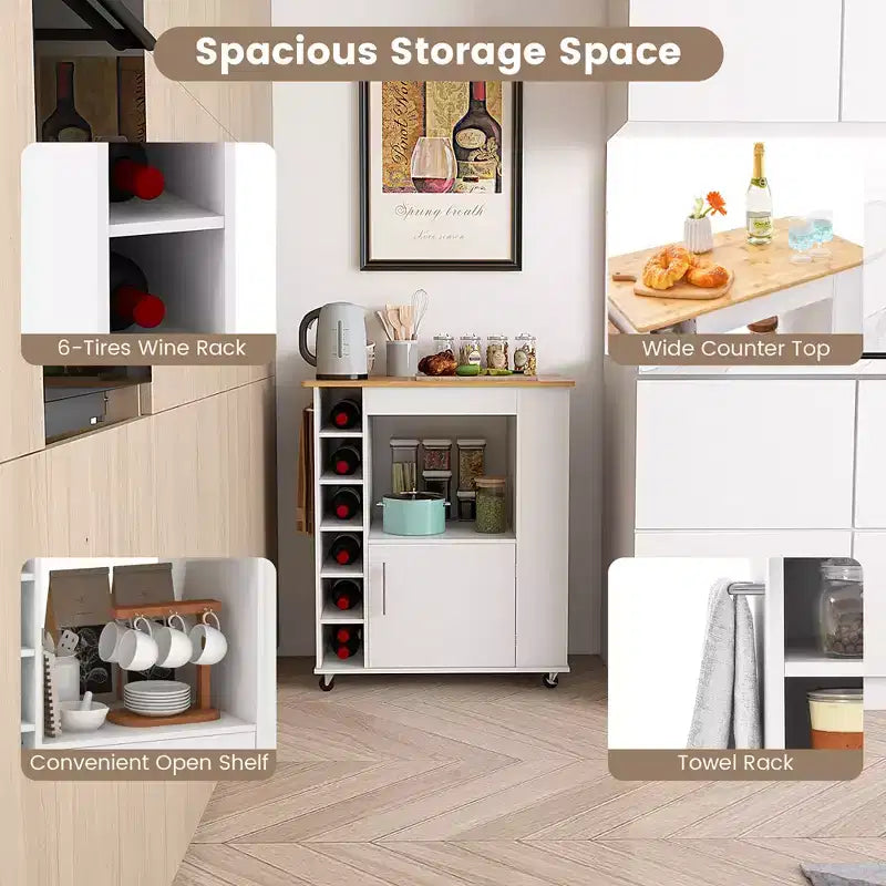 Meuble Îlot de Cuisine Costway avec Rangement Desserte de Cuisine Roulante avec Porte-Serviettes Chariot de Rangement sur Roues avec Dessus en Bambou Casier à Vin 6 Bouteilles Étagère à Épices Blanc