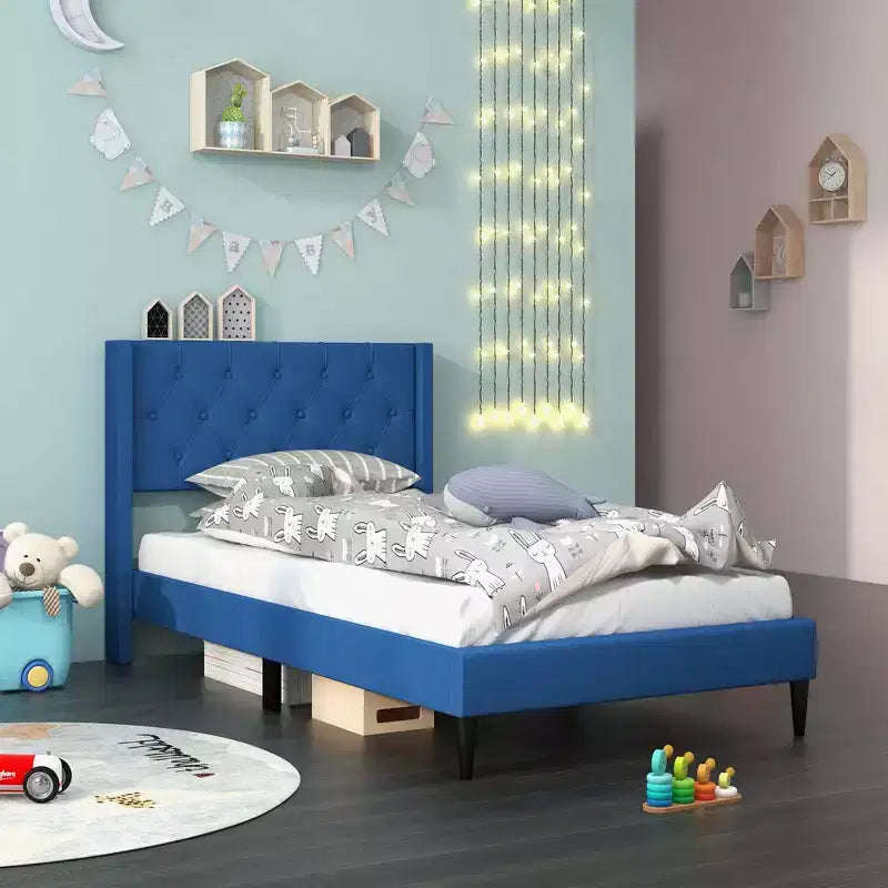 Lit plateforme tapissé Costway une place avec tête de lit capitonnée à oreilles Bleu/Gris