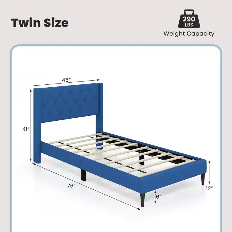 Lit plateforme tapissé Costway une place avec tête de lit capitonnée à oreilles Bleu/Gris