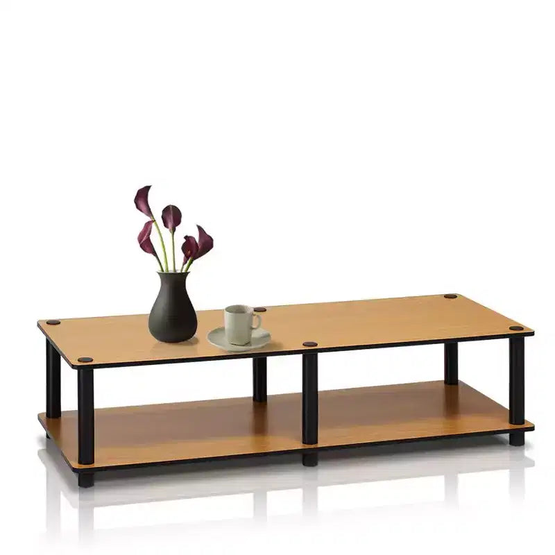 Meuble TV Large Furinno, aucun outil requis, meuble de divertissement multimédia pour téléviseurs jusqu'à 43 pouces avec grande capacité, couleur cerisier clair, tube noir
