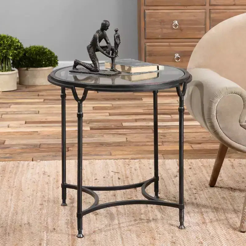 Table d'appoint ronde moderne en acier Uttermost 24 1/2 po de large, noir vieilli, plateau en verre transparent pour salon, chambre à coucher, entrée