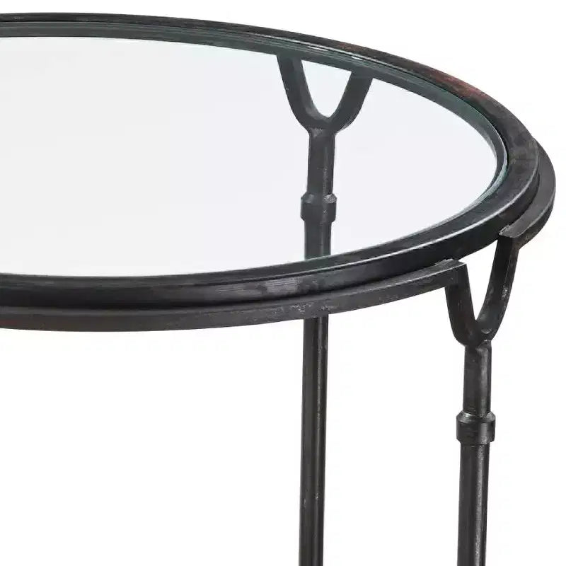 Table d'appoint ronde moderne en acier Uttermost 24 1/2 po de large, noir vieilli, plateau en verre transparent pour salon, chambre à coucher, entrée