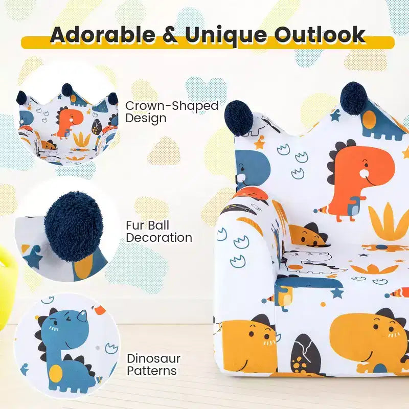 Costway Canapé Enfant Fauteuil en Mousse Rembourré Dinosaure Canapé pour Tout-Petit avec Housse et Coussin