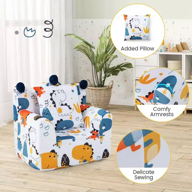 Costway Canapé Enfant Fauteuil en Mousse Rembourré Dinosaure Canapé pour Tout-Petit avec Housse et Coussin