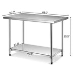 Table en acier inoxydable Costway avec étagères supérieures, table de travail 48'' X 24'' avec étagère 48'' X 12''