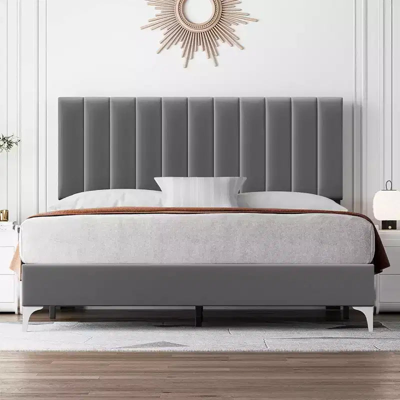 Cadre de lit Whizmax en velours moderne de 28 cm avec tête de lit, aucun sommier tapissier requis, gris
