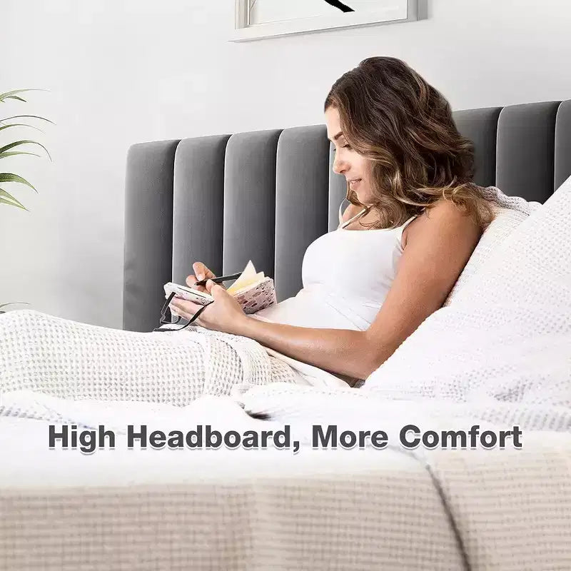 Cadre de lit Whizmax en velours moderne de 28 cm avec tête de lit, aucun sommier tapissier requis, gris