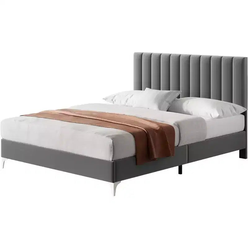 Cadre de lit Whizmax en velours moderne de 28 cm avec tête de lit, aucun sommier tapissier requis, gris