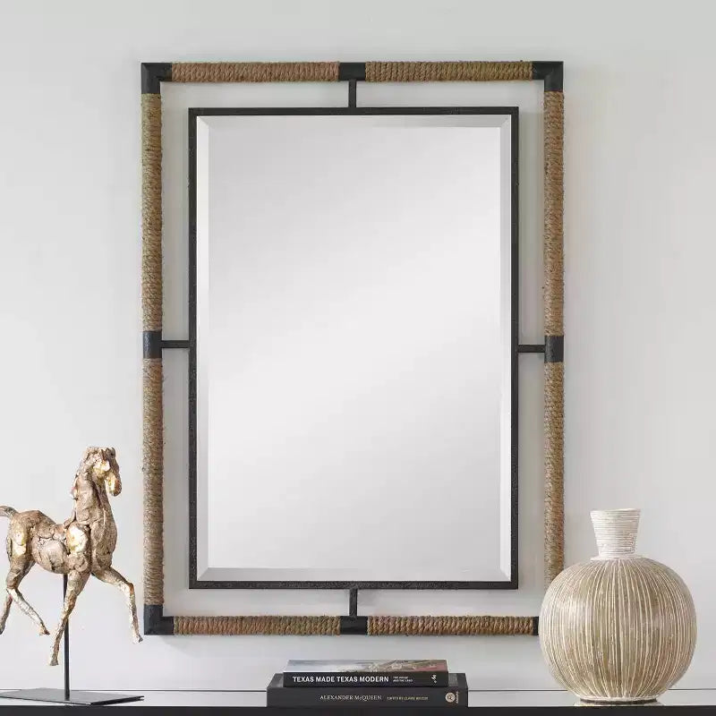 Miroir mural décoratif rectangulaire Uttermost, moderne, biseauté, rouille noire, corde naturelle, cadre en fer forgé, 71 cm de large pour salle de bain