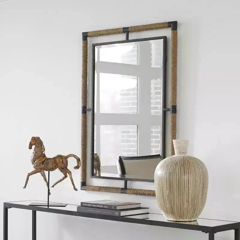 Miroir mural décoratif rectangulaire Uttermost, moderne, biseauté, rouille noire, corde naturelle, cadre en fer forgé, 71 cm de large pour salle de bain