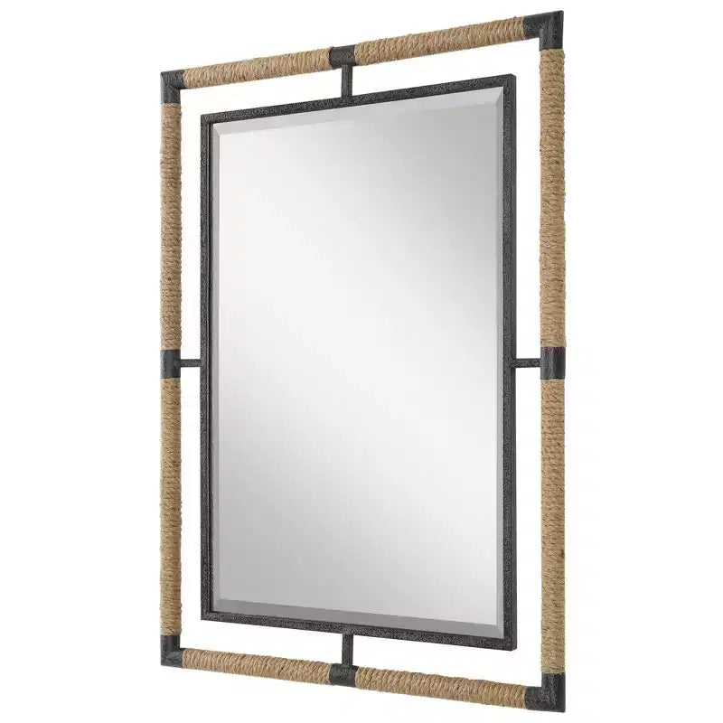 Miroir mural décoratif rectangulaire Uttermost, moderne, biseauté, rouille noire, corde naturelle, cadre en fer forgé, 71 cm de large pour salle de bain