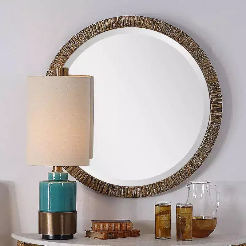 Miroir Mural Rond Uttermost Rustic Biseauté Finition Feuille d'Or Métallique Antique Cadre en Bois 30 Pouces de Large pour Salle de Bain Chambre
