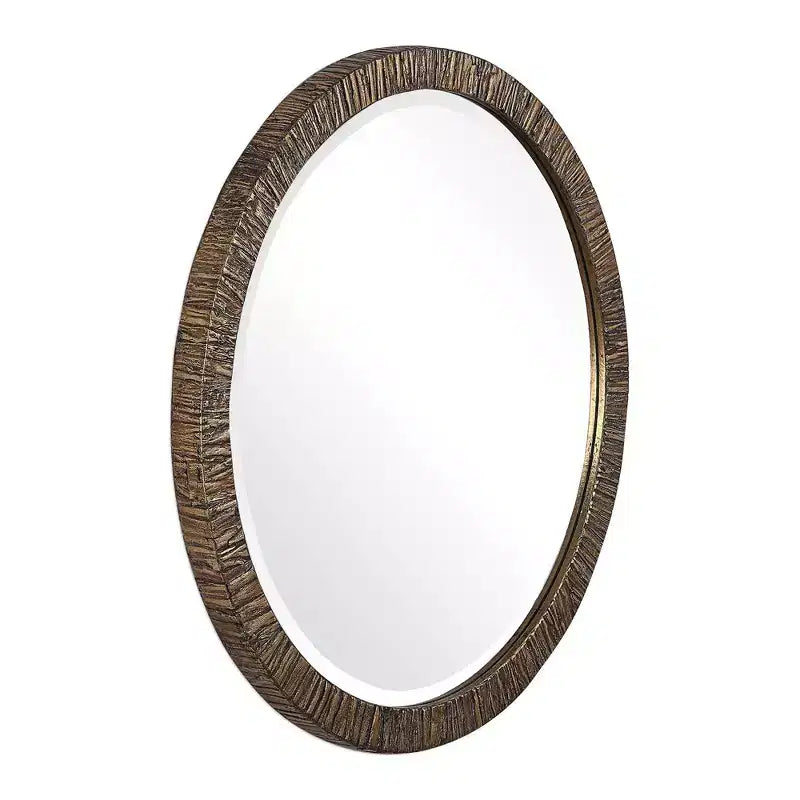 Miroir Mural Rond Uttermost Rustic Biseauté Finition Feuille d'Or Métallique Antique Cadre en Bois 30 Pouces de Large pour Salle de Bain Chambre