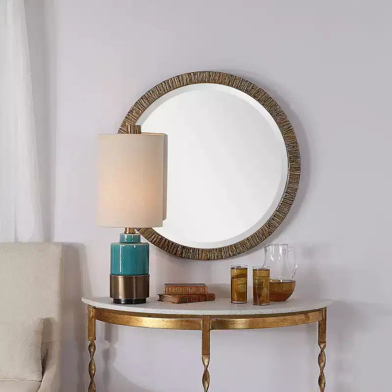 Miroir Mural Rond Uttermost Rustic Biseauté Finition Feuille d'Or Métallique Antique Cadre en Bois 30 Pouces de Large pour Salle de Bain Chambre