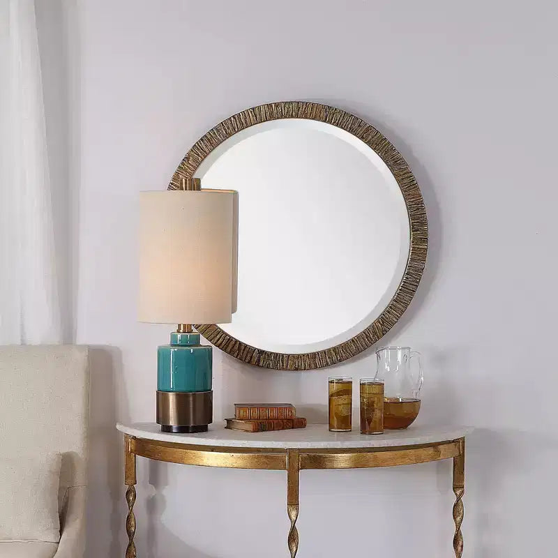 Miroir Mural Rond Uttermost Rustic Biseauté Finition Feuille d'Or Métallique Antique Cadre en Bois 30 Pouces de Large pour Salle de Bain Chambre
