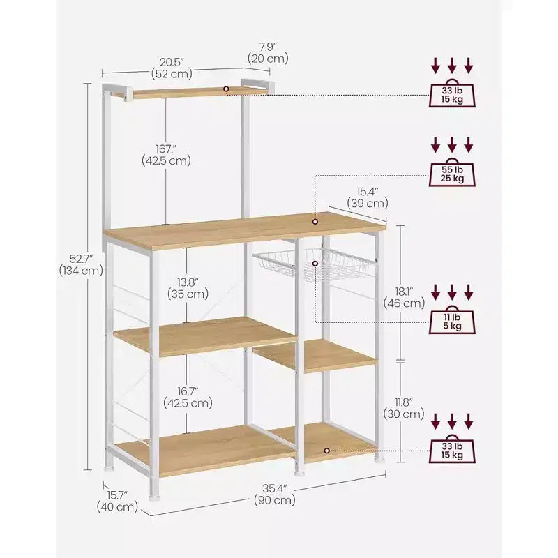 VASAGLE Étagère de Cuisine, Meuble de Rangement, Support Micro-Ondes, avec Panier en Fil, 6 Crochets, pour Épices, Casseroles et Poêles