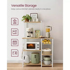 VASAGLE Étagère de Cuisine, Meuble de Rangement, Support Micro-Ondes, avec Panier en Fil, 6 Crochets, pour Épices, Casseroles et Poêles