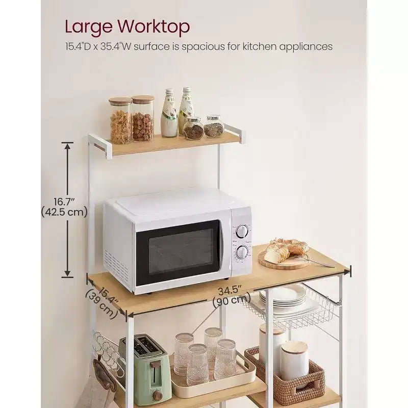 VASAGLE Étagère de Cuisine, Meuble de Rangement, Support Micro-Ondes, avec Panier en Fil, 6 Crochets, pour Épices, Casseroles et Poêles