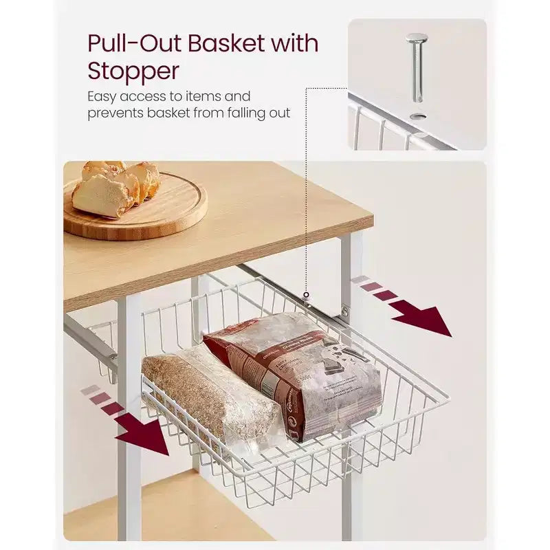 VASAGLE Étagère de Cuisine, Meuble de Rangement, Support Micro-Ondes, avec Panier en Fil, 6 Crochets, pour Épices, Casseroles et Poêles