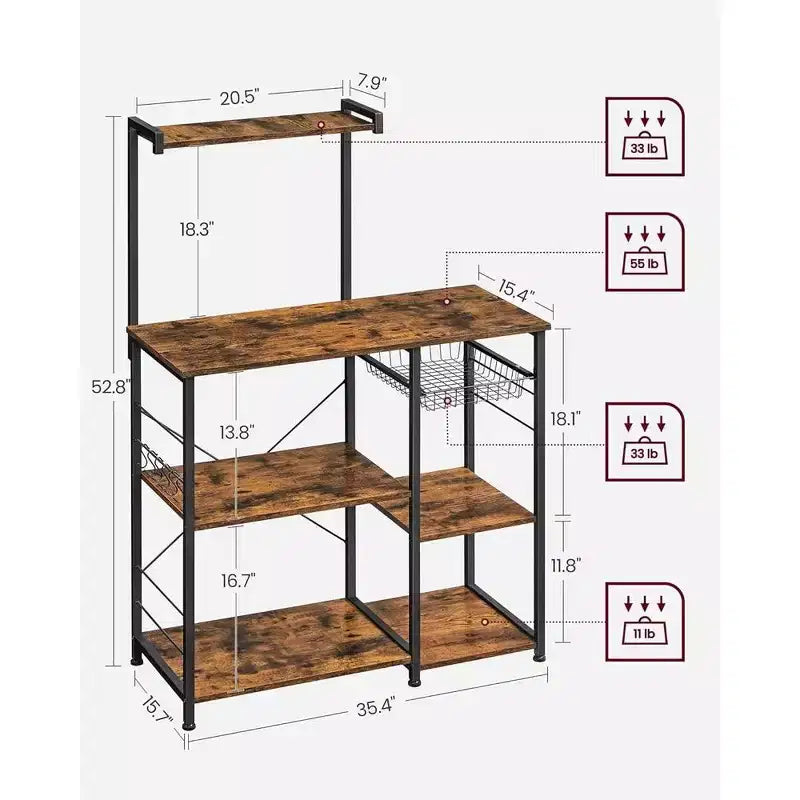 VASAGLE Étagère de Cuisine, Meuble de Rangement, Support Micro-Ondes, avec Panier en Fil, 6 Crochets, pour Épices, Casseroles et Poêles